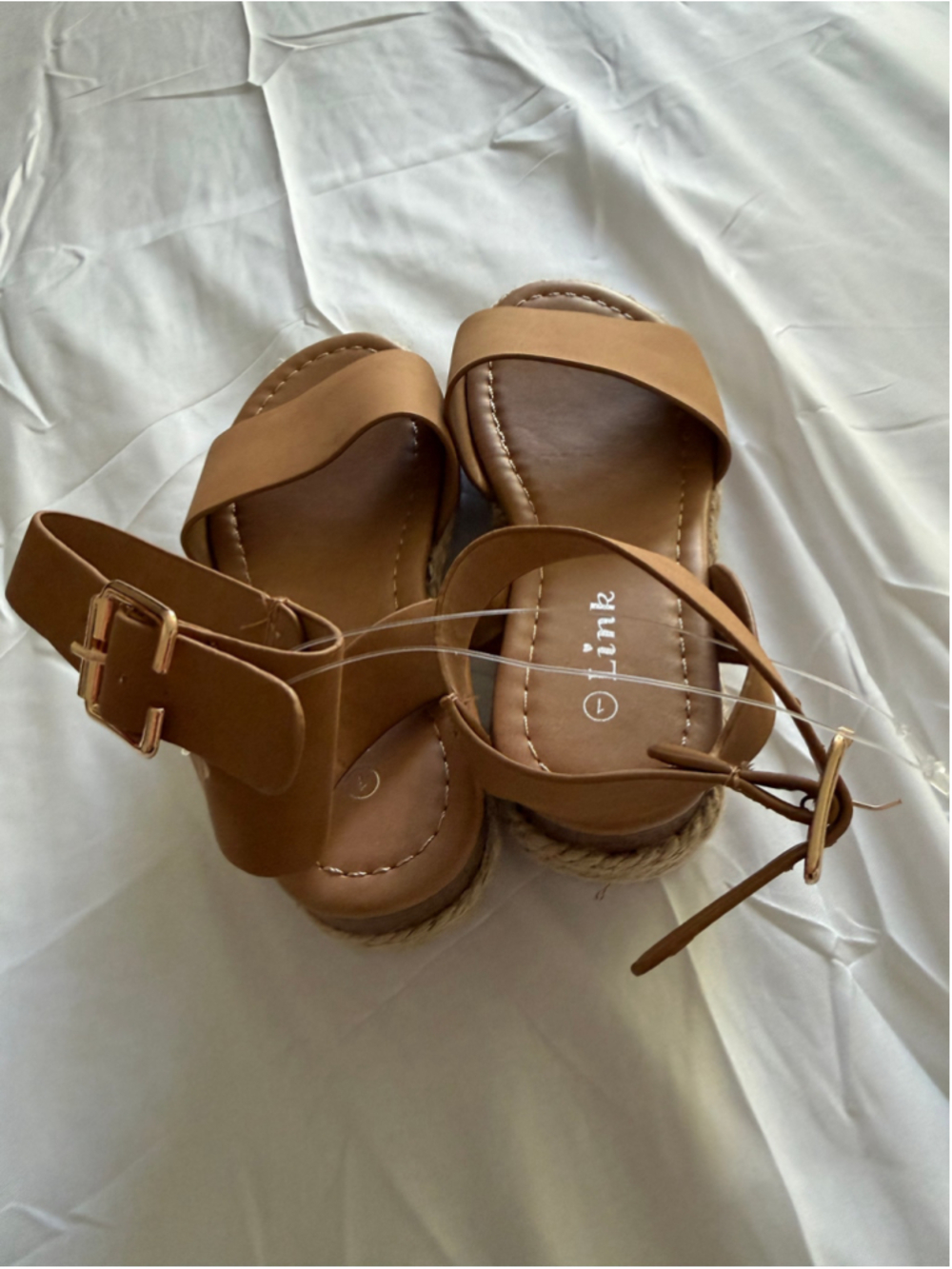 Link Tan Espadrille Sandals Size 7 Gold Buckle - Picture 5 of 6